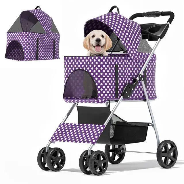 Main image of 3 in 1 Foldable Pet Stroller for Small & Medium Dogs, Detachable Carrier, Car Seat, Push Button Entry, 4-Wheel Jogger for Pets up to 33 lbs, Purple Polka Dots