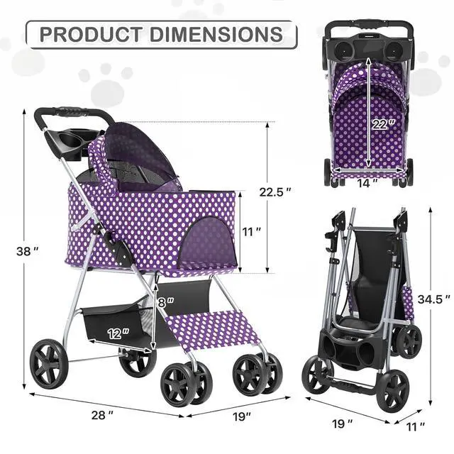 Alt view image 3 of 7 - 3 in 1 Foldable Pet Stroller for Small & Medium Dogs, Detachable Carrier, Car Seat, Push Button Entry, 4-Wheel Jogger for Pets up to 33 lbs, Purple Polka Dots