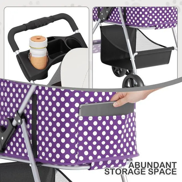 Alt view image 4 of 7 - 3 in 1 Foldable Pet Stroller for Small & Medium Dogs, Detachable Carrier, Car Seat, Push Button Entry, 4-Wheel Jogger for Pets up to 33 lbs, Purple Polka Dots