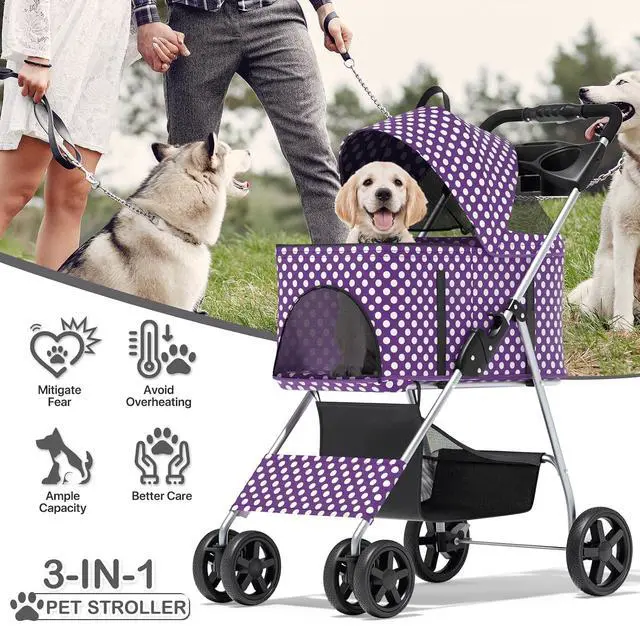 Alt view image 2 of 7 - 3 in 1 Foldable Pet Stroller for Small & Medium Dogs, Detachable Carrier, Car Seat, Push Button Entry, 4-Wheel Jogger for Pets up to 33 lbs, Purple Polka Dots