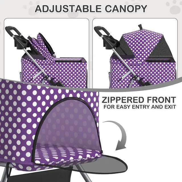 Alt view image 6 of 7 - 3 in 1 Foldable Pet Stroller for Small & Medium Dogs, Detachable Carrier, Car Seat, Push Button Entry, 4-Wheel Jogger for Pets up to 33 lbs, Purple Polka Dots