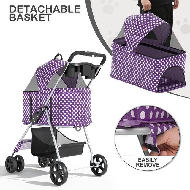 Alt view image 5 of 7 - 3 in 1 Foldable Pet Stroller for Small & Medium Dogs, Detachable Carrier, Car Seat, Push Button Entry, 4-Wheel Jogger for Pets up to 33 lbs, Purple Polka Dots
