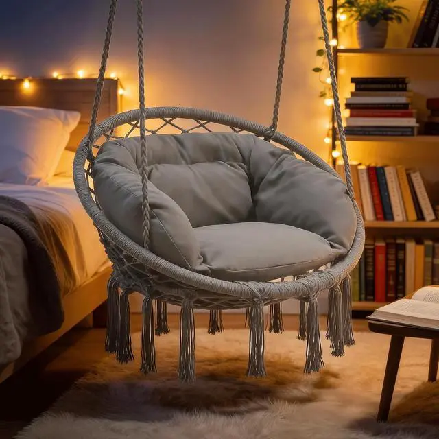 Alt view image 7 of 7 - Hanging Hammock Chair with Full Cushion, Adults Indoor Hammock Swing with Max 350 Lbs Capacity, Outdoor Macrame Hanging Chair with Boho Tassels, Home Accent Furniture Chair Swing, Grey