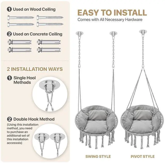 Alt view image 6 of 7 - Hanging Hammock Chair with Full Cushion, Adults Indoor Hammock Swing with Max 350 Lbs Capacity, Outdoor Macrame Hanging Chair with Boho Tassels, Home Accent Furniture Chair Swing, Grey
