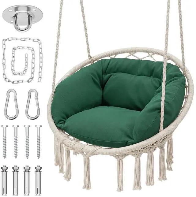 Main image of Hanging Hammock Chair w/Dark Green Cushion, Porch Macrame Swing Chair Hanging Chairs, Max 350 Lbs Capacity Hanging Swing for Adults & Teens, Comfy Hammock for Relaxing Reading Napping, White