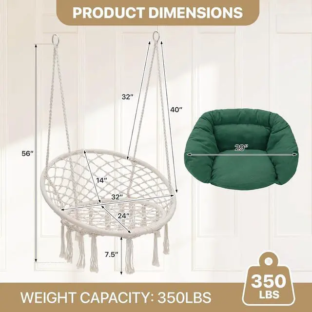 Alt view image 2 of 7 - Hanging Hammock Chair w/Dark Green Cushion, Porch Macrame Swing Chair Hanging Chairs, Max 350 Lbs Capacity Hanging Swing for Adults & Teens, Comfy Hammock for Relaxing Reading Napping, White