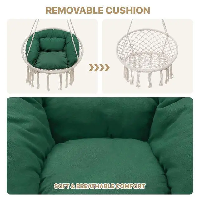 Alt view image 3 of 7 - Hanging Hammock Chair w/Dark Green Cushion, Porch Macrame Swing Chair Hanging Chairs, Max 350 Lbs Capacity Hanging Swing for Adults & Teens, Comfy Hammock for Relaxing Reading Napping, White