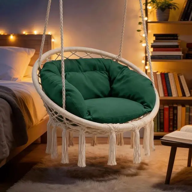 Alt view image 7 of 7 - Hanging Hammock Chair w/Dark Green Cushion, Porch Macrame Swing Chair Hanging Chairs, Max 350 Lbs Capacity Hanging Swing for Adults & Teens, Comfy Hammock for Relaxing Reading Napping, White