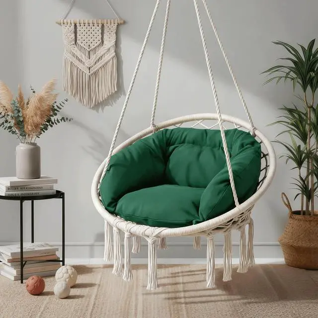 Alt view image 6 of 7 - Hanging Hammock Chair w/Dark Green Cushion, Porch Macrame Swing Chair Hanging Chairs, Max 350 Lbs Capacity Hanging Swing for Adults & Teens, Comfy Hammock for Relaxing Reading Napping, White
