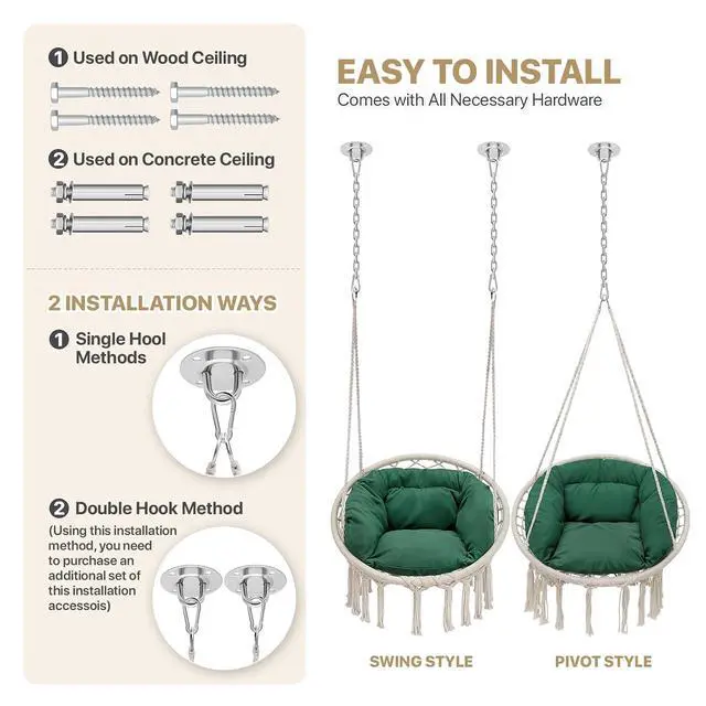 Alt view image 5 of 7 - Hanging Hammock Chair w/Dark Green Cushion, Porch Macrame Swing Chair Hanging Chairs, Max 350 Lbs Capacity Hanging Swing for Adults & Teens, Comfy Hammock for Relaxing Reading Napping, White