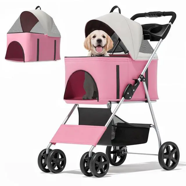 Main image of 3 in 1 Foldable Pet Stroller for Small & Medium Dogs, Detachable Carrier, Car Seat, Push Button Entry, 4-Wheel Jogger for Pets up to 33 lbs, Pink