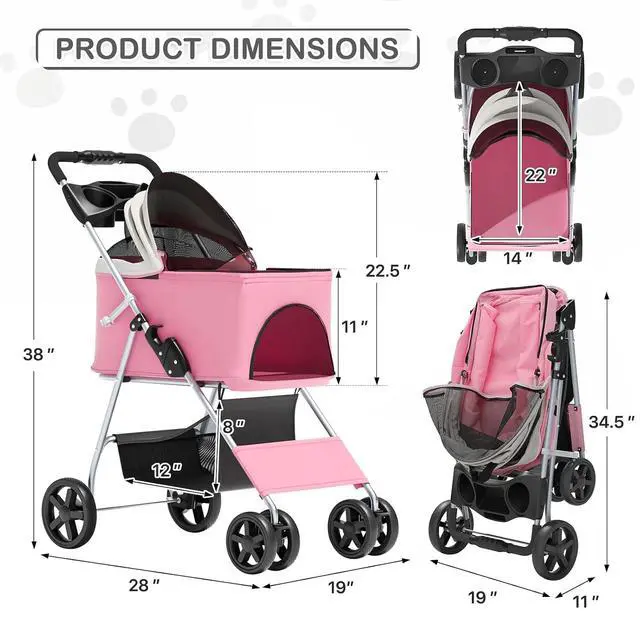 Alt view image 3 of 7 - 3 in 1 Foldable Pet Stroller for Small & Medium Dogs, Detachable Carrier, Car Seat, Push Button Entry, 4-Wheel Jogger for Pets up to 33 lbs, Pink