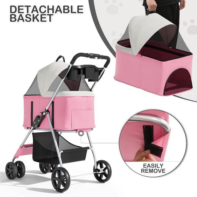 Alt view image 4 of 7 - 3 in 1 Foldable Pet Stroller for Small & Medium Dogs, Detachable Carrier, Car Seat, Push Button Entry, 4-Wheel Jogger for Pets up to 33 lbs, Pink