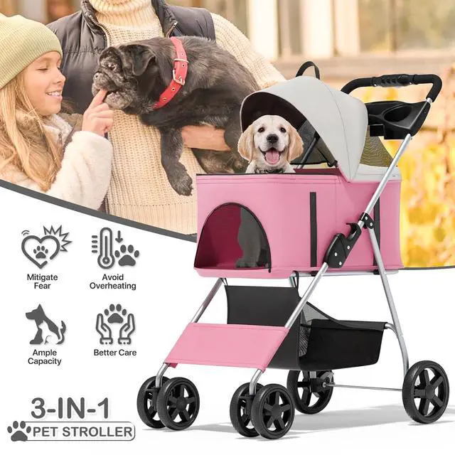 Alt view image 2 of 7 - 3 in 1 Foldable Pet Stroller for Small & Medium Dogs, Detachable Carrier, Car Seat, Push Button Entry, 4-Wheel Jogger for Pets up to 33 lbs, Pink