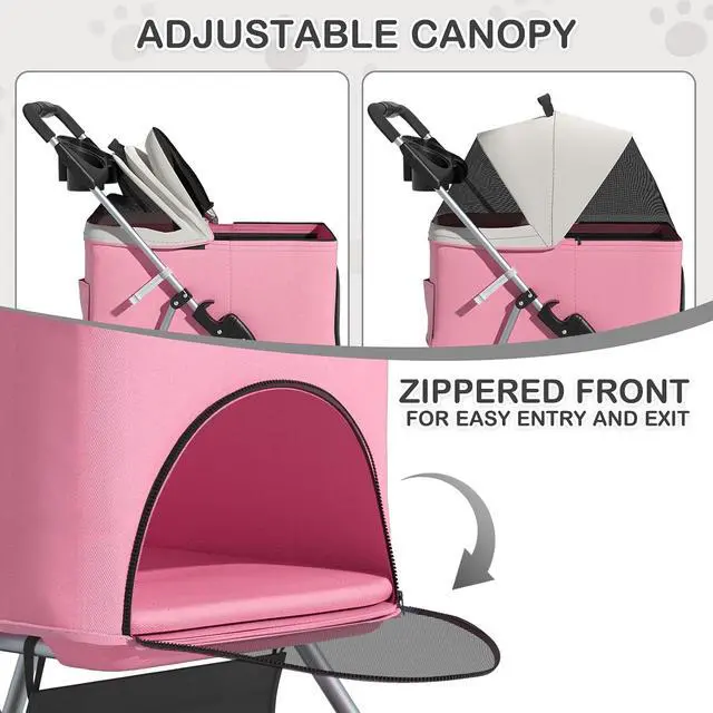 Alt view image 6 of 7 - 3 in 1 Foldable Pet Stroller for Small & Medium Dogs, Detachable Carrier, Car Seat, Push Button Entry, 4-Wheel Jogger for Pets up to 33 lbs, Pink