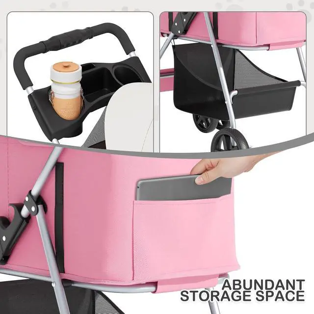 Alt view image 5 of 7 - 3 in 1 Foldable Pet Stroller for Small & Medium Dogs, Detachable Carrier, Car Seat, Push Button Entry, 4-Wheel Jogger for Pets up to 33 lbs, Pink
