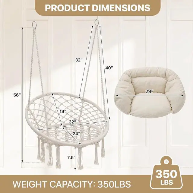 Alt view image 2 of 7 - Hanging Hammock Chair, Macrame Swing Chair with Cushion 350 lbs Capacity for Adults & Teens, for Outdoor Porch Bedroom Backyard Tools Included, Beige