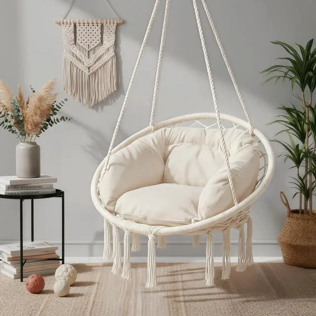 Alt view image 6 of 7 - Hanging Hammock Chair, Macrame Swing Chair with Cushion 350 lbs Capacity for Adults & Teens, for Outdoor Porch Bedroom Backyard Tools Included, Beige