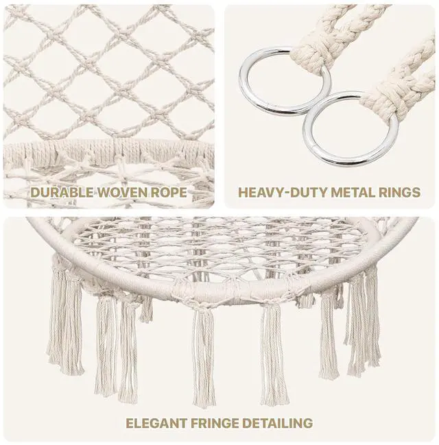 Alt view image 4 of 7 - Hanging Hammock Chair, Macrame Swing Chair with Cushion 350 lbs Capacity for Adults & Teens, for Outdoor Porch Bedroom Backyard Tools Included, Beige