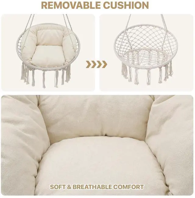Alt view image 3 of 7 - Hanging Hammock Chair, Macrame Swing Chair with Cushion 350 lbs Capacity for Adults & Teens, for Outdoor Porch Bedroom Backyard Tools Included, Beige