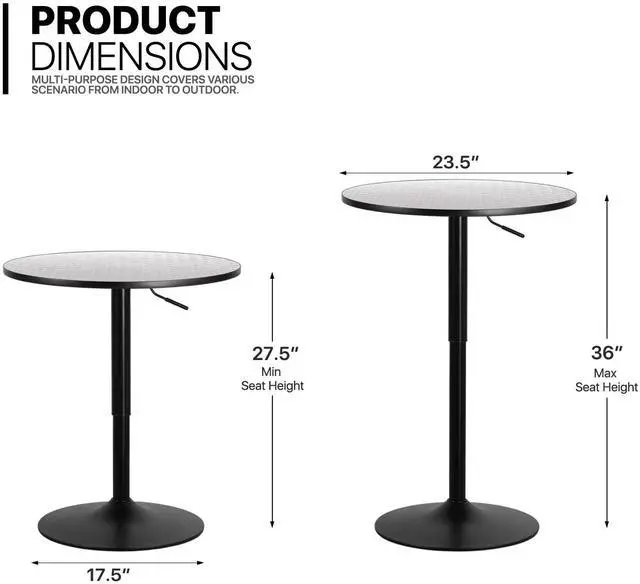 Alt view image 3 of 7 - Pub Round Table Silver Stripe Top with Black Leg and Base, Bar Table 27.5"- 36"" Height Adjustable with 360° Swivel, Cocktail Bistro Table for Dining Bistro Cafe Home Bar, 23.5" Diameter