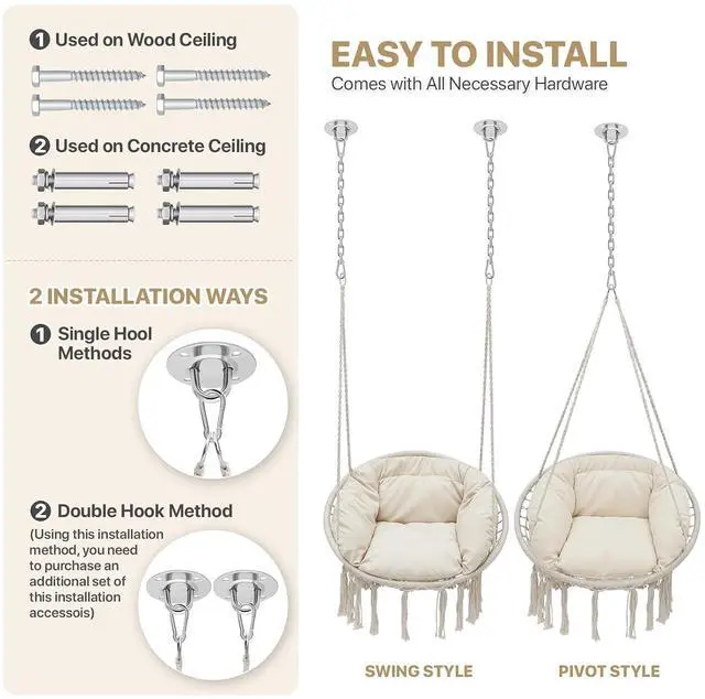 Alt view image 5 of 7 - Hanging Hammock Chair, Macrame Swing Chair with Cushion 350 lbs Capacity for Adults & Teens, for Outdoor Porch Bedroom Backyard Tools Included, Beige
