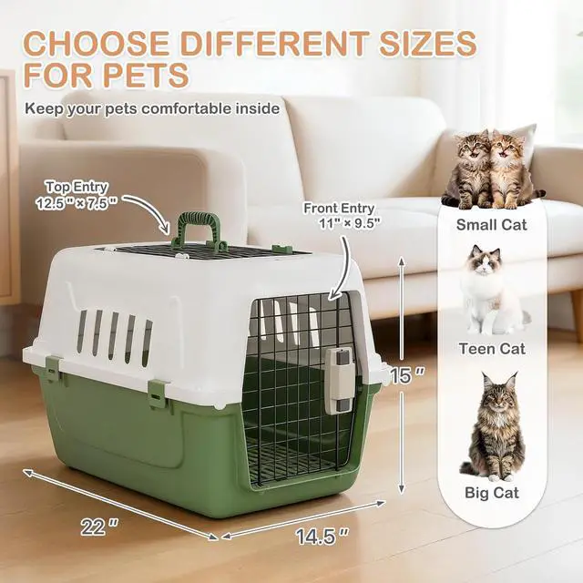 Alt view image 5 of 7 - 22-Inch Dog Crate Plastic 2-Door Top Loading Cat Carrier, Hard-Sided Dog Travel Carrier for Small Dogs and Cats, Ventilation and Security Lock Design for Pets up to 22 lbs (Green)