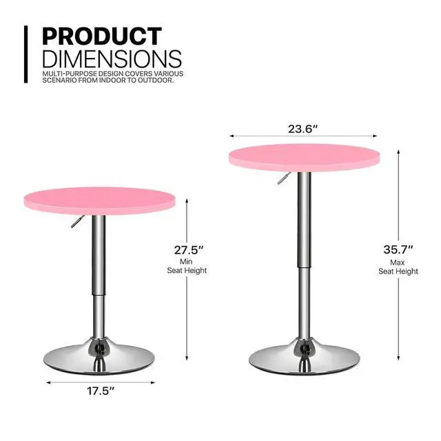 Alt view image 3 of 7 - Bistro Pub Table Round Bar 27.5"- 36" Height-Adjustable Cocktail Table with 23.5 Inch Table Top for Dining Room Home Kitchen Patio Bistro (Pink)