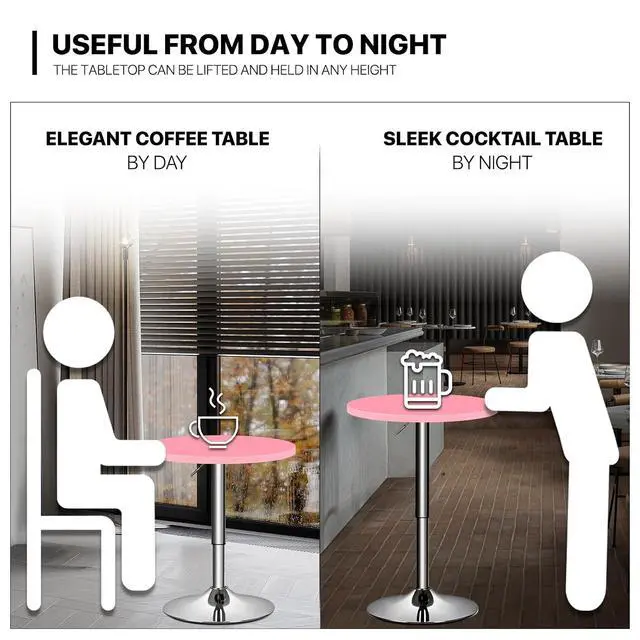 Alt view image 7 of 7 - Bistro Pub Table Round Bar 27.5"- 36" Height-Adjustable Cocktail Table with 23.5 Inch Table Top for Dining Room Home Kitchen Patio Bistro (Pink)