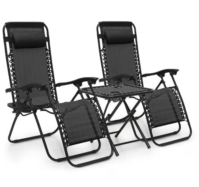 Main image of Table and Patio Chairs Set of 3, Outdoor Adjustable Zero Gravity Folding Breathable Mesh Reclining Lounge Chairs with Pillow and Side Tray, 330lbs Capacity - Black