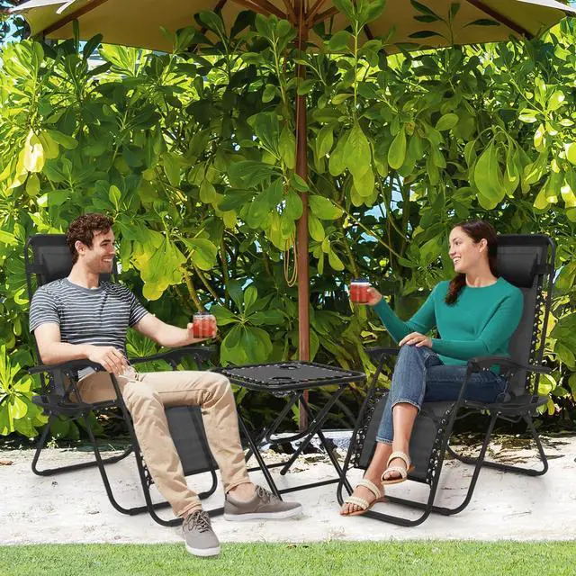 Alt view image 2 of 7 - Table and Patio Chairs Set of 3, Outdoor Adjustable Zero Gravity Folding Breathable Mesh Reclining Lounge Chairs with Pillow and Side Tray, 330lbs Capacity - Black
