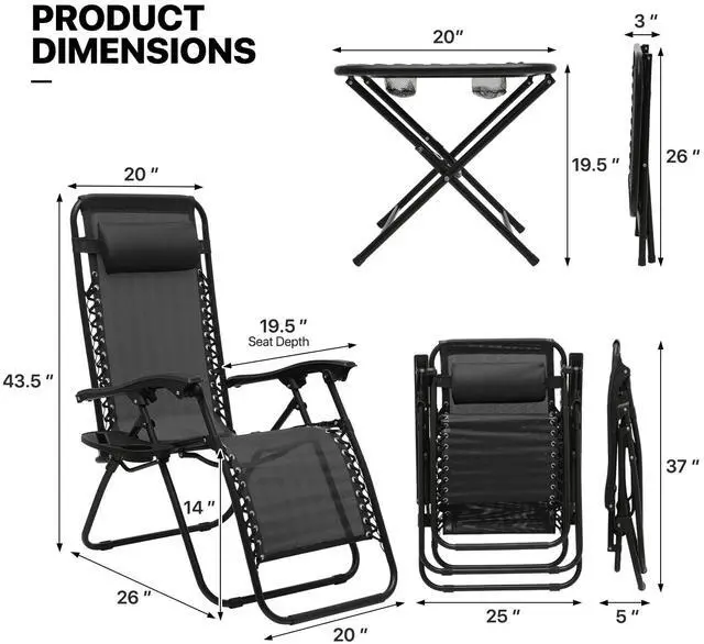 Alt view image 3 of 7 - Table and Patio Chairs Set of 3, Outdoor Adjustable Zero Gravity Folding Breathable Mesh Reclining Lounge Chairs with Pillow and Side Tray, 330lbs Capacity - Black