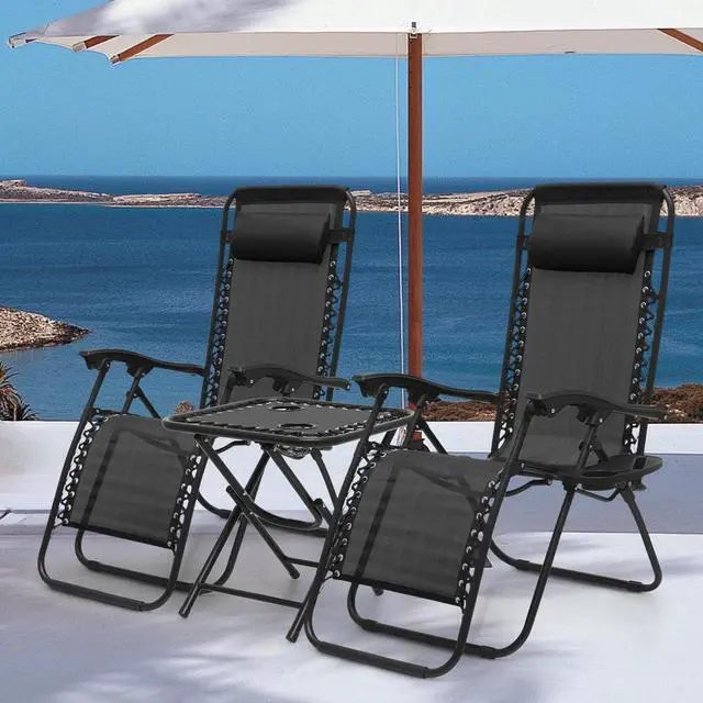 Alt view image 4 of 7 - Table and Patio Chairs Set of 3, Outdoor Adjustable Zero Gravity Folding Breathable Mesh Reclining Lounge Chairs with Pillow and Side Tray, 330lbs Capacity - Black