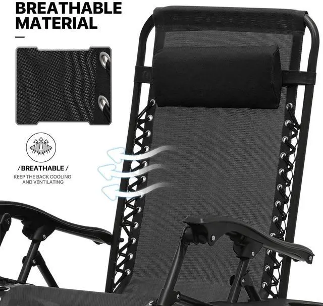 Alt view image 7 of 7 - Table and Patio Chairs Set of 3, Outdoor Adjustable Zero Gravity Folding Breathable Mesh Reclining Lounge Chairs with Pillow and Side Tray, 330lbs Capacity - Black