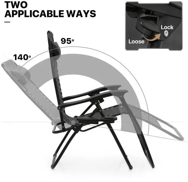 Alt view image 6 of 7 - Table and Patio Chairs Set of 3, Outdoor Adjustable Zero Gravity Folding Breathable Mesh Reclining Lounge Chairs with Pillow and Side Tray, 330lbs Capacity - Black