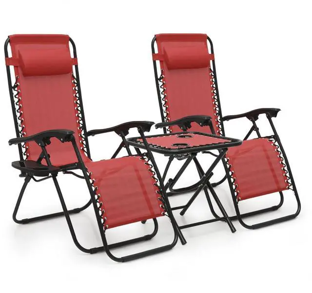 Main image of 3PCS Leisure Chairs Table Set Outdoor Furniture Zero Gravity Chairs Recliner Adjustable Folding Lounger for Pool Patio Camping Yard Beach Vacation, 330lbs Capacity, Maroon