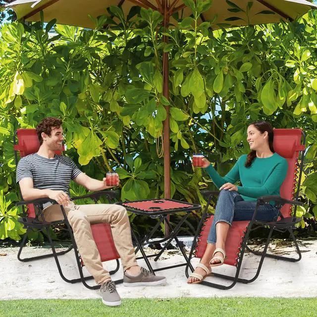Alt view image 2 of 7 - 3PCS Leisure Chairs Table Set Outdoor Furniture Zero Gravity Chairs Recliner Adjustable Folding Lounger for Pool Patio Camping Yard Beach Vacation, 330lbs Capacity, Maroon