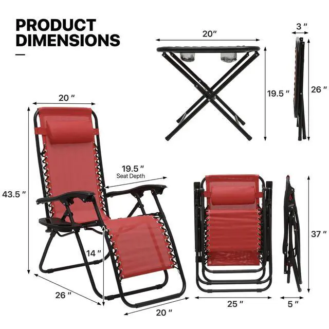 Alt view image 3 of 7 - 3PCS Leisure Chairs Table Set Outdoor Furniture Zero Gravity Chairs Recliner Adjustable Folding Lounger for Pool Patio Camping Yard Beach Vacation, 330lbs Capacity, Maroon