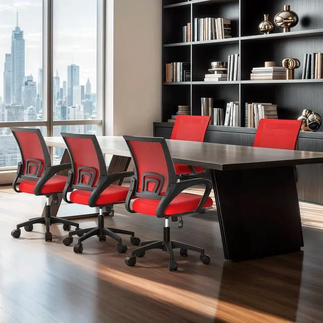 Alt view image 2 of 7 - Mesh Office Chair Set of 2, Ergonomic Computer Chair for Adults, Rolling Swivel Mid-Back Desk Chair with Lumbar Support, Comfy Armrest for Home Office, Gaming, Red