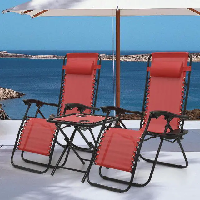 Alt view image 4 of 7 - 3PCS Leisure Chairs Table Set Outdoor Furniture Zero Gravity Chairs Recliner Adjustable Folding Lounger for Pool Patio Camping Yard Beach Vacation, 330lbs Capacity, Maroon