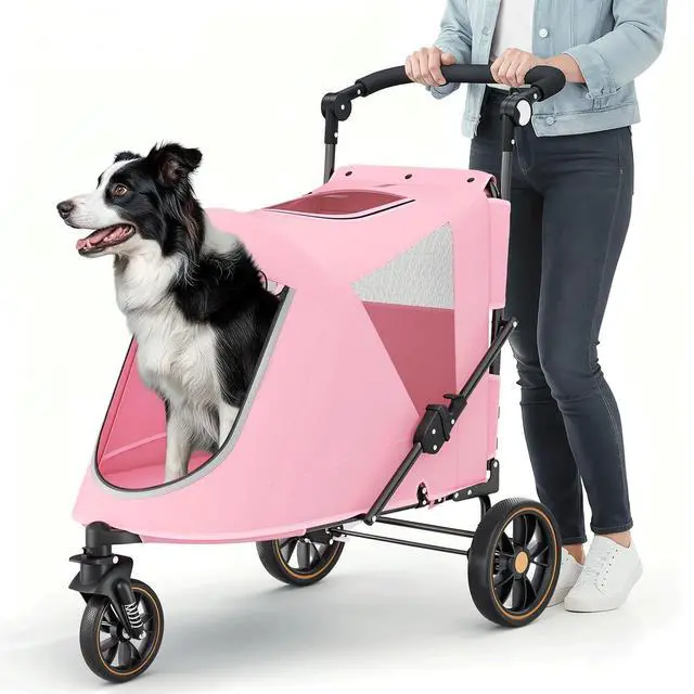 Main image of Pet Stroller for Large Dogs or Multiple Dogs Cats with Adjustable Handle, 3-Wheels Dual Entry Portable Dog Carting Easy Folding Pet Wagon Double Dog Stroller up to 55 lbs, Pink