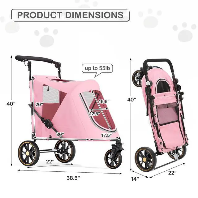 Alt view image 2 of 7 - Pet Stroller for Large Dogs or Multiple Dogs Cats with Adjustable Handle, 3-Wheels Dual Entry Portable Dog Carting Easy Folding Pet Wagon Double Dog Stroller up to 55 lbs, Pink