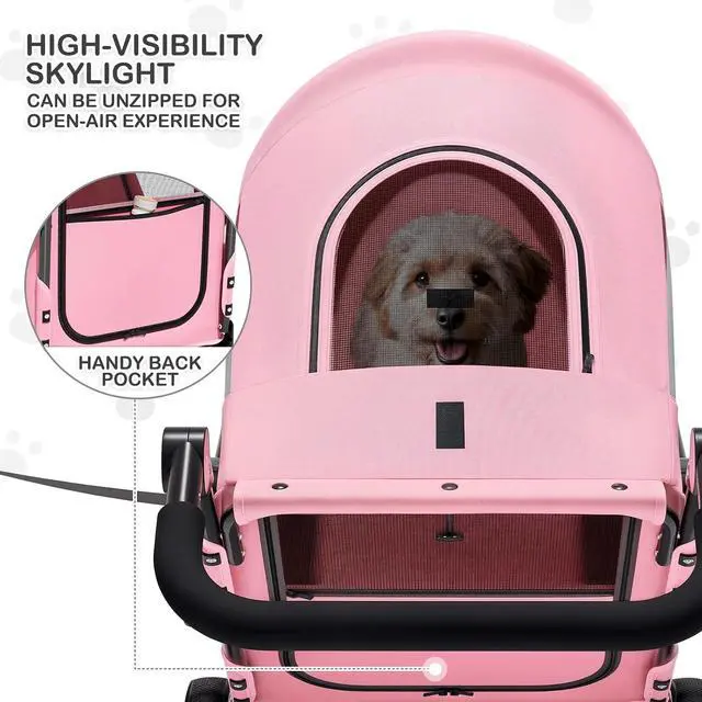 Alt view image 3 of 7 - Pet Stroller for Large Dogs or Multiple Dogs Cats with Adjustable Handle, 3-Wheels Dual Entry Portable Dog Carting Easy Folding Pet Wagon Double Dog Stroller up to 55 lbs, Pink