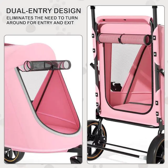 Alt view image 4 of 7 - Pet Stroller for Large Dogs or Multiple Dogs Cats with Adjustable Handle, 3-Wheels Dual Entry Portable Dog Carting Easy Folding Pet Wagon Double Dog Stroller up to 55 lbs, Pink