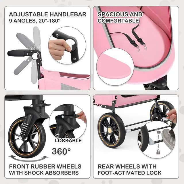 Alt view image 5 of 7 - Pet Stroller for Large Dogs or Multiple Dogs Cats with Adjustable Handle, 3-Wheels Dual Entry Portable Dog Carting Easy Folding Pet Wagon Double Dog Stroller up to 55 lbs, Pink