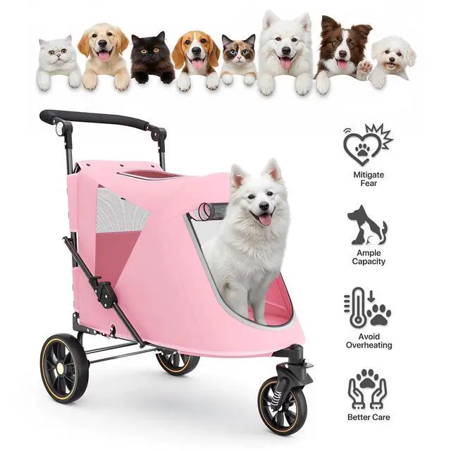 Alt view image 6 of 7 - Pet Stroller for Large Dogs or Multiple Dogs Cats with Adjustable Handle, 3-Wheels Dual Entry Portable Dog Carting Easy Folding Pet Wagon Double Dog Stroller up to 55 lbs, Pink