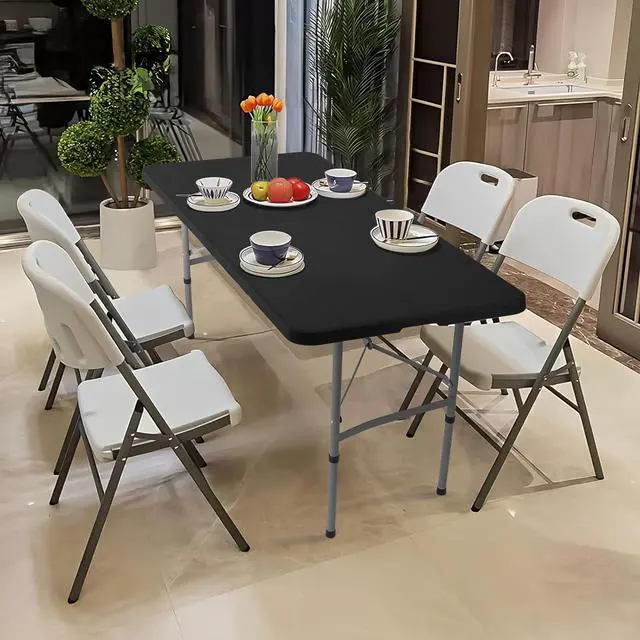 Alt view image 2 of 6 - 4Ft Folding Card Table, Outdoor Foldable Small Portable Plastic Dining Picnic Cookout Table w/Handle, Black