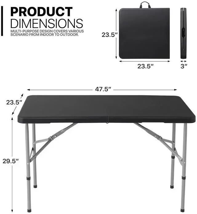 Alt view image 3 of 6 - 4Ft Folding Card Table, Outdoor Foldable Small Portable Plastic Dining Picnic Cookout Table w/Handle, Black