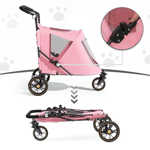 Alt view image 7 of 7 - Pet Stroller for Large Dogs or Multiple Dogs Cats with Adjustable Handle, 3-Wheels Dual Entry Portable Dog Carting Easy Folding Pet Wagon Double Dog Stroller up to 55 lbs, Pink