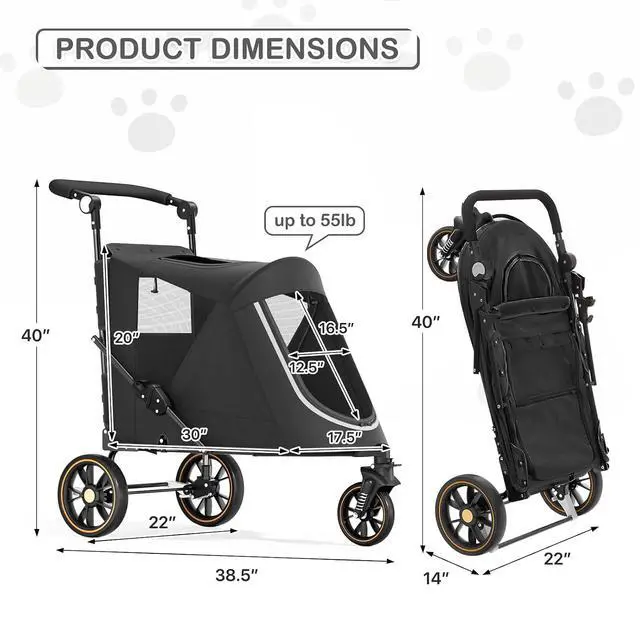 Alt view image 2 of 7 - Pet Stroller for Large Dogs or Multiple Dogs Cats with Adjustable Handle, 3-Wheels Dual Entry Portable Dog Carting Easy Folding Pet Wagon Double Dog Stroller up to 55 lbs, Black